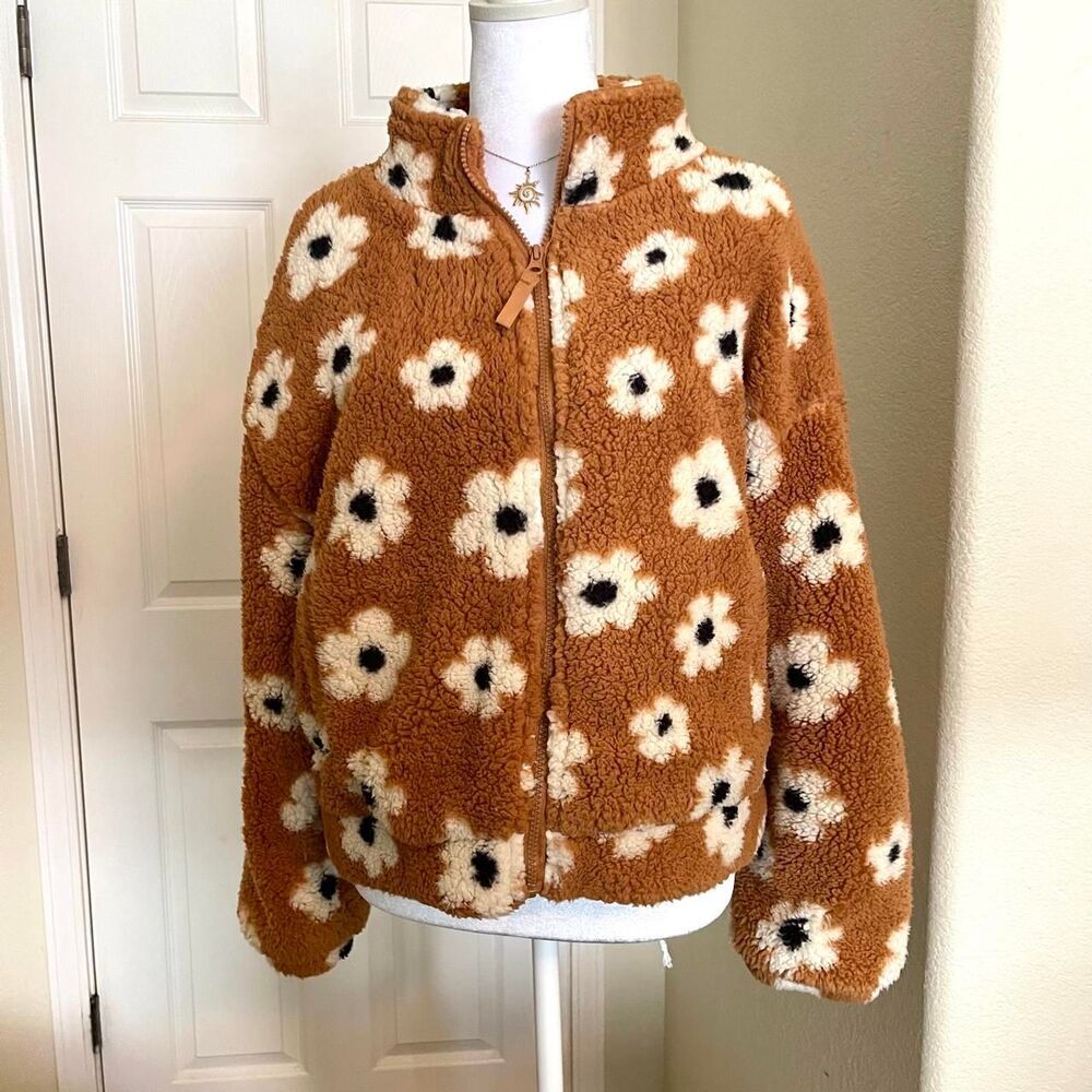 RSQ brown floral fleece jacket with white & black flowers - size XS